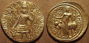 Gold dinar of Kushan king Kanishka II (200–220)