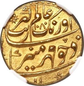 India, India: Mughal Empire. Aurangzeb Alamgir gold Mohur AH1080 Year 12(ca.1669),... Image #1