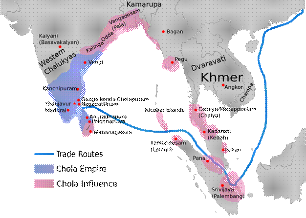 Map showing the greatest extent of the Chola empire c. 1030 under Rajendra I: territories are shown in blue, subordinates and areas of influence are shown in pink.